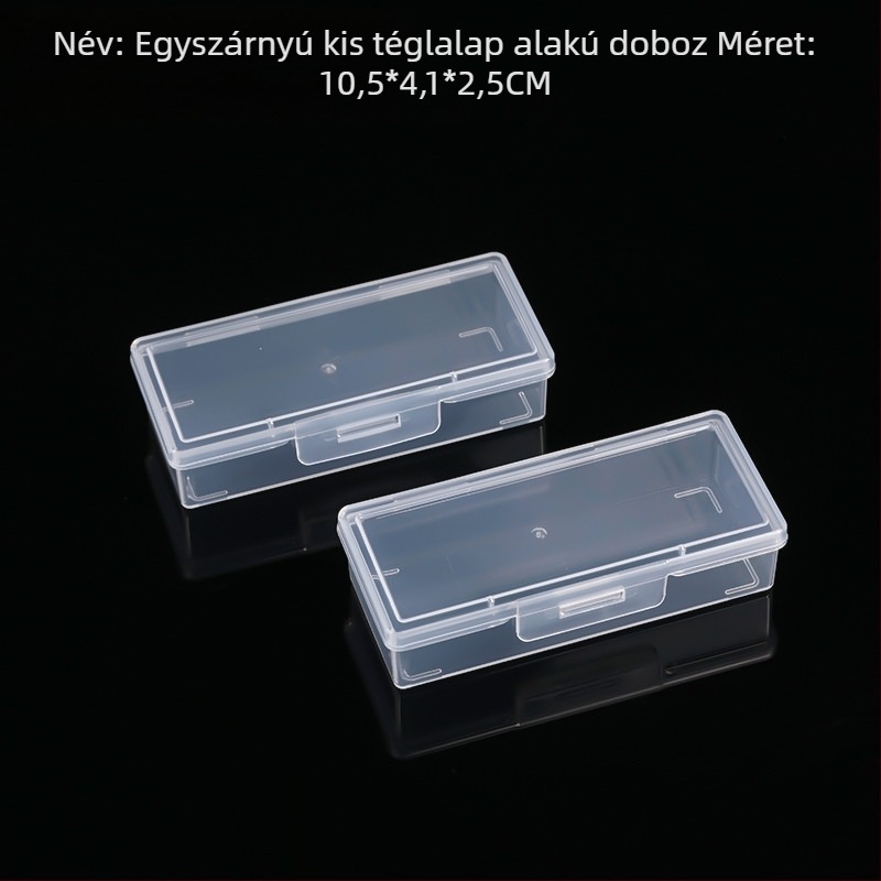 Áttetsző PP műanyag tároló doboz fedéllel, téglalap alakú kis alkatrész doboz, keskeny tároló doboz, méretek 10,5 × 4,1 × 2,5 cm