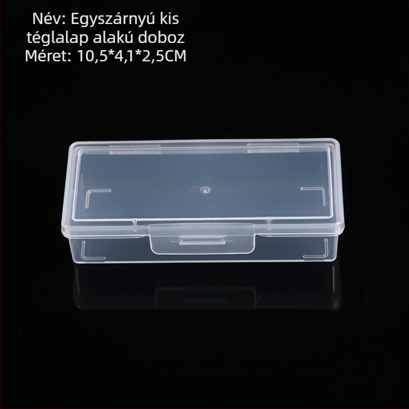 Áttetsző PP műanyag tároló doboz fedéllel, téglalap alakú kis alkatrész doboz, keskeny tároló doboz, méretek 10,5 × 4,1 × 2,5 cm