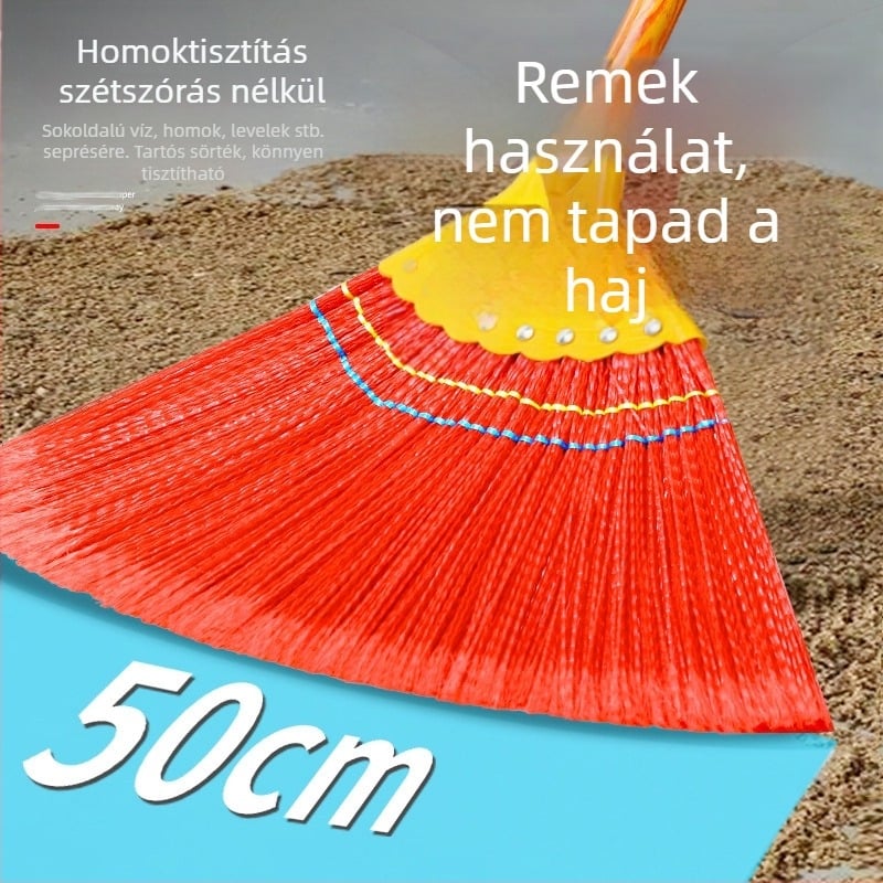 Tartós műanyag söprő hosszú nyéllel és fa markolattal; nagy méretű; a haj nem tapad rá.