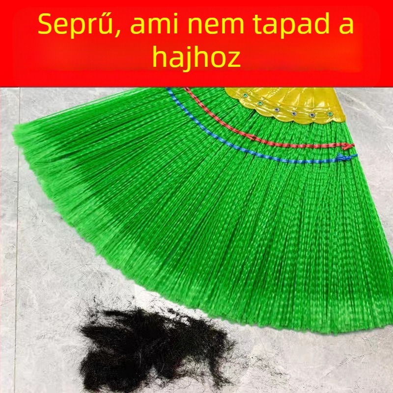 Tartós műanyag söprő hosszú nyéllel és fa markolattal; nagy méretű; a haj nem tapad rá.