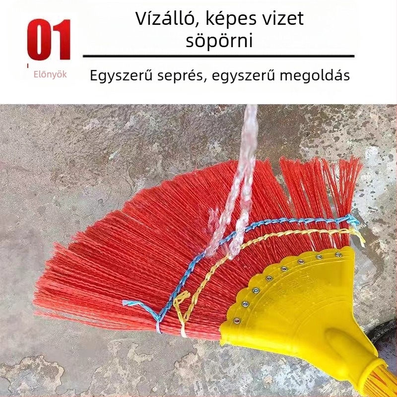Tartós műanyag söprő hosszú nyéllel és fa markolattal; nagy méretű; a haj nem tapad rá.