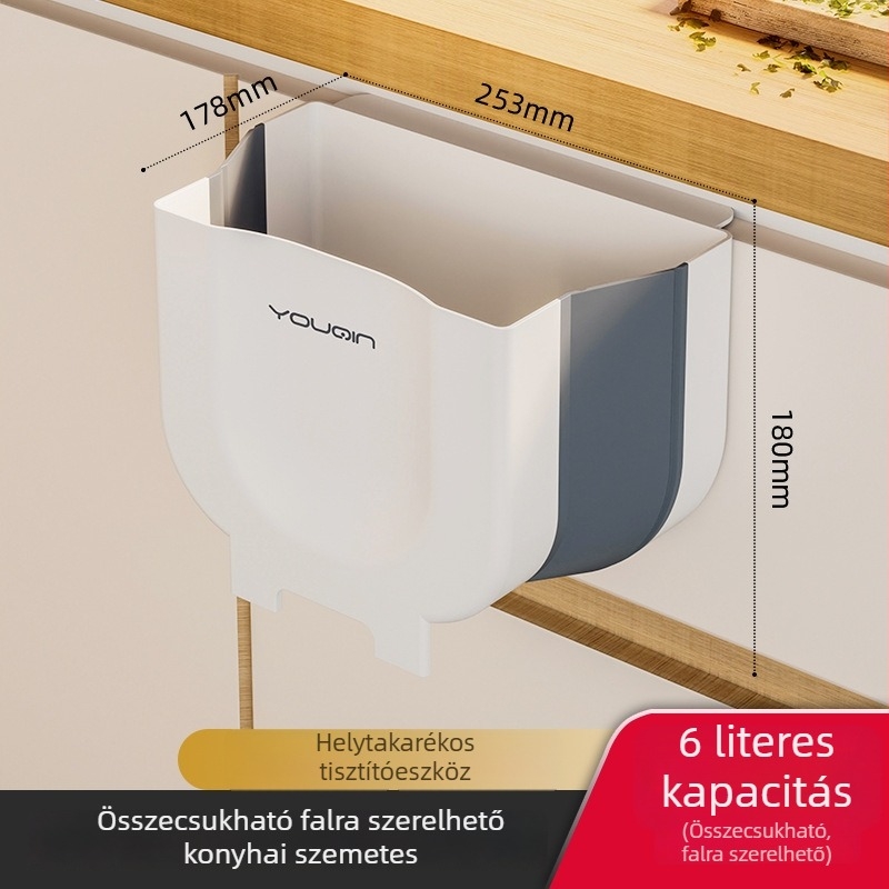 Összecsukható konyhai szemetes falra szerelhető, háztartási használatra, kapacitás 4 liter alatt, műanyag.