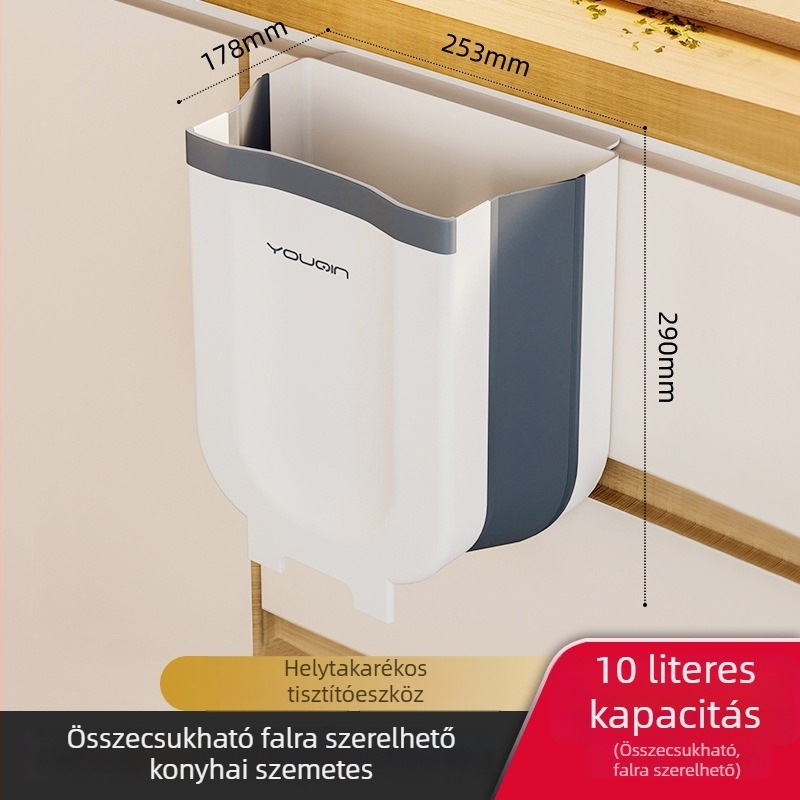 Összecsukható konyhai szemetes falra szerelhető, háztartási használatra, kapacitás 4 liter alatt, műanyag.