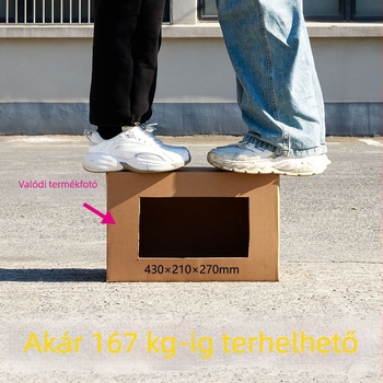 Zárható kartondoboz slogan nyomtatással, e-kereskedelemhez, szalagmentes zárás, extra kemény, digitális nyomtatás, belső méretek 420×200×255 mm, külső 430×210×270 mm, modell 70