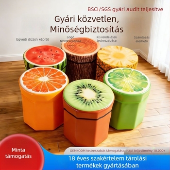 Gyümölcs mintás henger alakú tároló ülőke, összecsukható, flanel anyagú ülőfelülettel