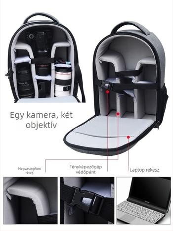 Két vállú fényképezőgép táska, DSLR és mirrorless kamerákhoz, objektívekkel, vízálló