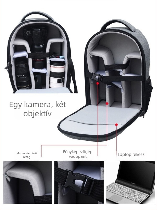 Két vállú fényképezőgép táska, DSLR és mirrorless kamerákhoz, objektívekkel, vízálló