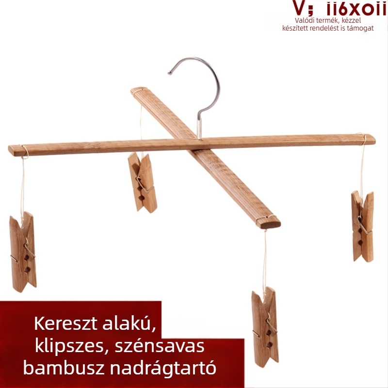 Négyklipszes nadrágtartó állvány karbonizált fekete bambuszból, kereszt alakú ruhaszárítóval és nagy bambuszklipszekkel