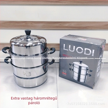 40 cm rozsdamentes acél gőzöző edény, megerősített, három szintes, dupla rács, otthoni és kereskedelmi használatra, indukcióval kompatibilis, mágneses fedél