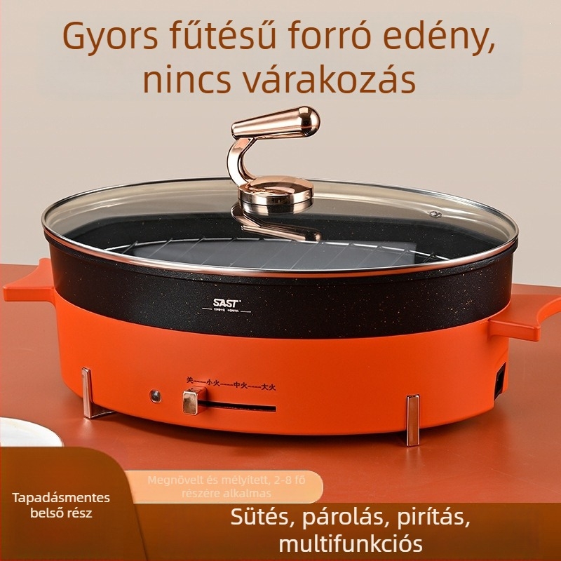 Többcélú elektromos főzőedény tapadásmentes belsővel, 1501W+, 5–6 adaghoz, sütés, főzés, párolás és dinsztelés, gombos vezérléssel, 220V