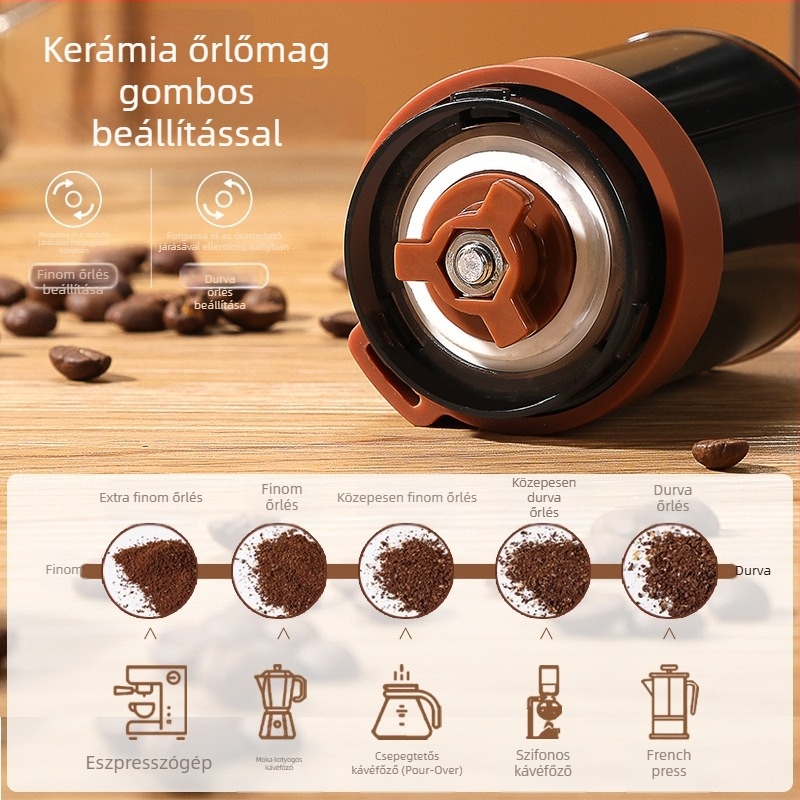 Kézi hajtásos kávédaráló pour-over és olasz stílusú őrléshez, összecsukható, hordozható otthoni használatra.