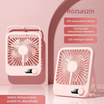 Hordozható, kompakt asztali ventilátor akasztási lehetőséggel, USB töltéssel, lépésmentes sebességszabályozással és digitális kijelzővel