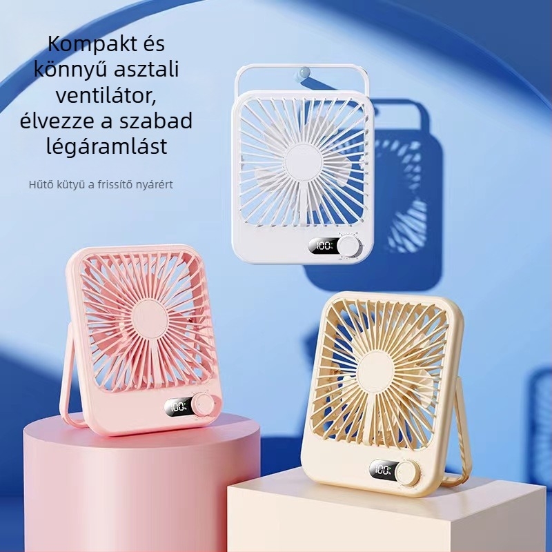 Hordozható, kompakt asztali ventilátor akasztási lehetőséggel, USB töltéssel, lépésmentes sebességszabályozással és digitális kijelzővel