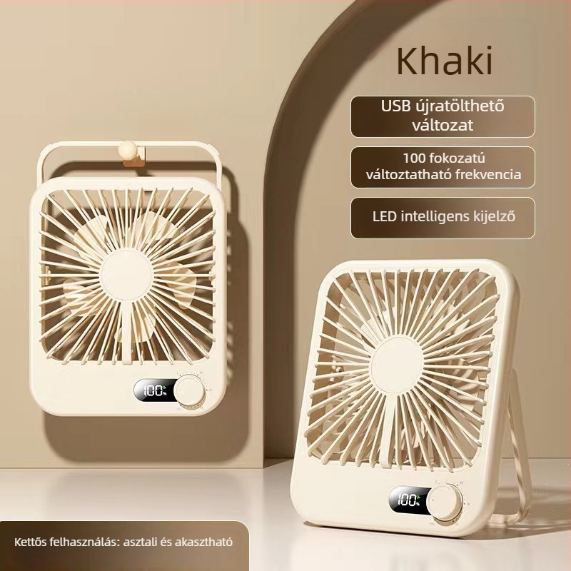 Hordozható, kompakt asztali ventilátor akasztási lehetőséggel, USB töltéssel, lépésmentes sebességszabályozással és digitális kijelzővel