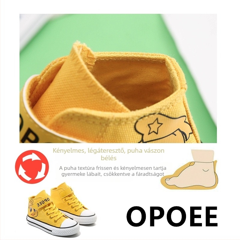 Gyerekeknek készült vászoncipő, magas szárú, Velcro, koreai stílus, tavasz–ősz 2024, uniszex, sárga kacsa mintával