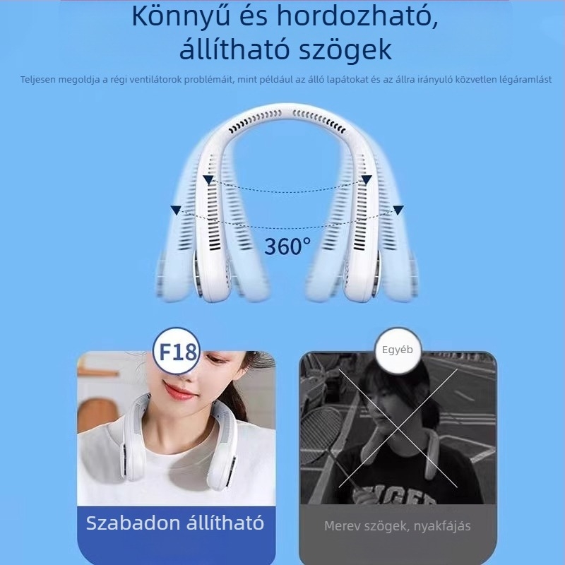 Beépített akkumulátoros nyakventilátor – hordozható, csendes kültéri hűtés, 3 sebesség, 6+ lapát
