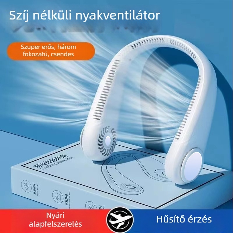 Beépített akkumulátoros nyakventilátor – hordozható, csendes kültéri hűtés, 3 sebesség, 6+ lapát