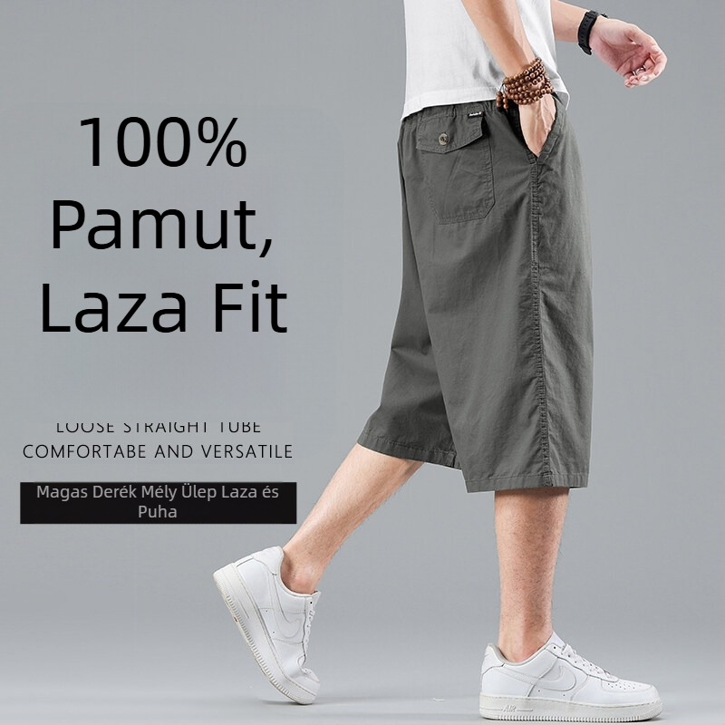 Férfi pamut cropped rövidnadrág, laza szabás, plusz méret, nyári cargo-stílus