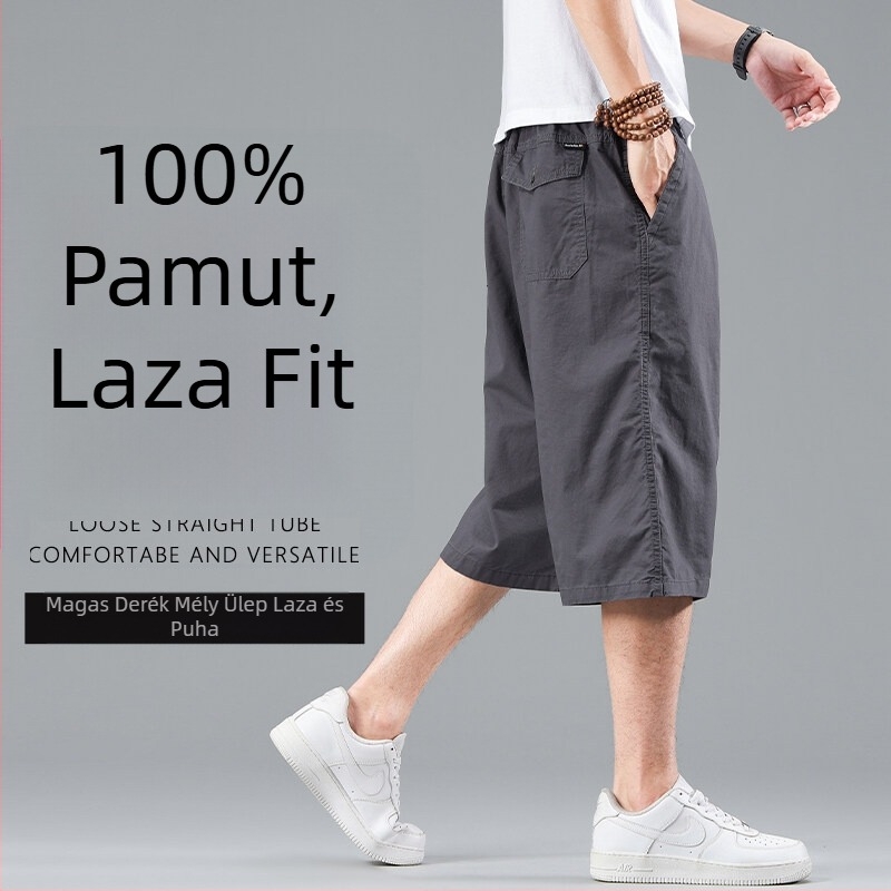 Férfi pamut cropped rövidnadrág, laza szabás, plusz méret, nyári cargo-stílus
