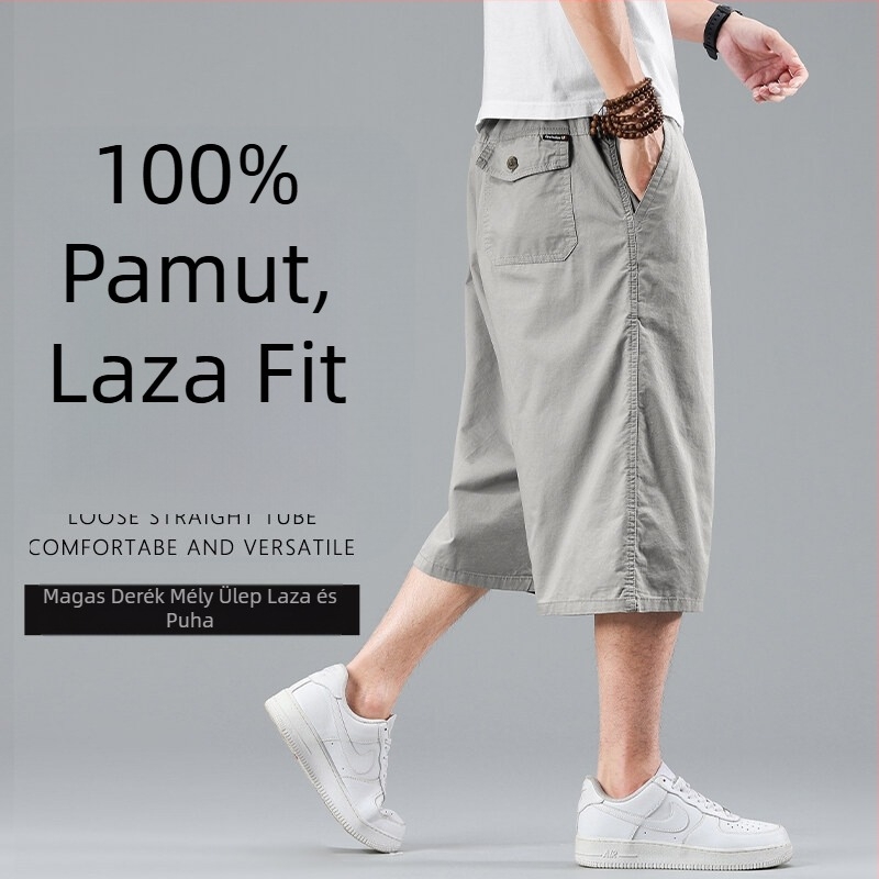 Férfi pamut cropped rövidnadrág, laza szabás, plusz méret, nyári cargo-stílus