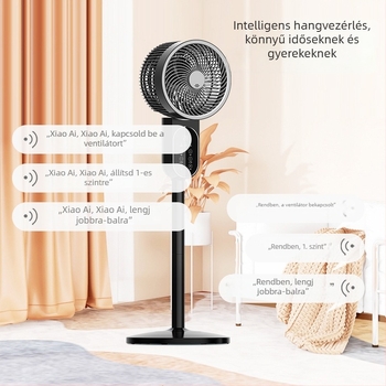 Hangvezérléses keringető ventilátor, aromaterápiás eszköz, 8 irányú fejmozgás, asztali és padlóra használható, csendes, gyöngyházfehér