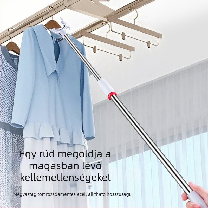 Teleszkópos ruhaszárító rúd rozsdamentes acélból, villás véggel, ruhák felakasztásához, kollégiumi használatra