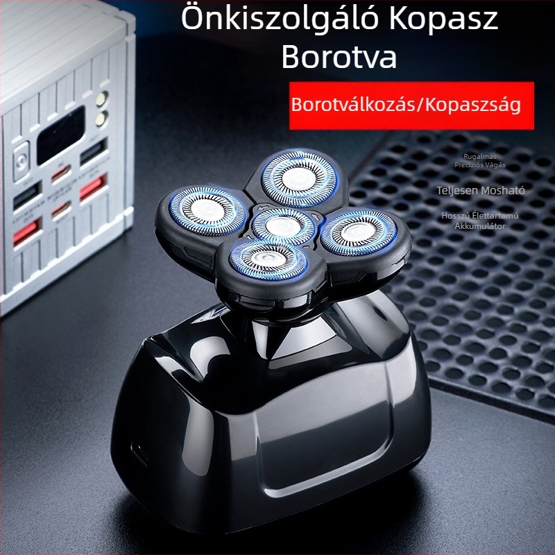 Okos férfi elektromos borotva fejbőrre, öt forgó fejjel, újratölthető