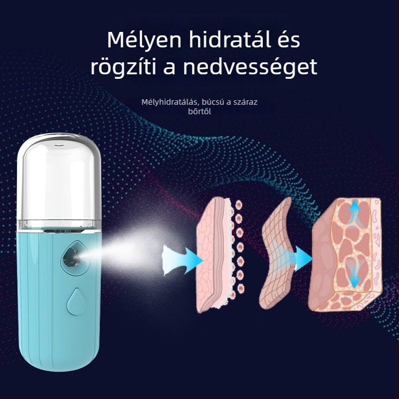 Újratölthető kézi fertőtlenítő és hidratáló készülék alkoholspray-vel és atomizált köddel