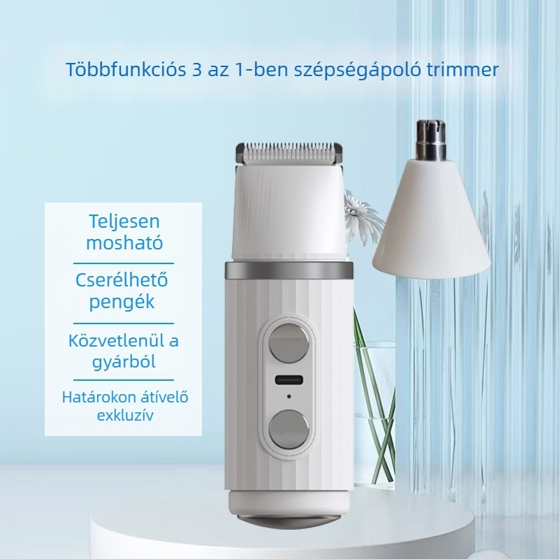 Elektronikus női szőrtelenítő és trimmel szemöldökhöz, orr-szőrökhöz és intim zónákhoz – többfunkciós testszőrszedő leválasztható pengefejjel, újratölthető, nedves és száraz használat