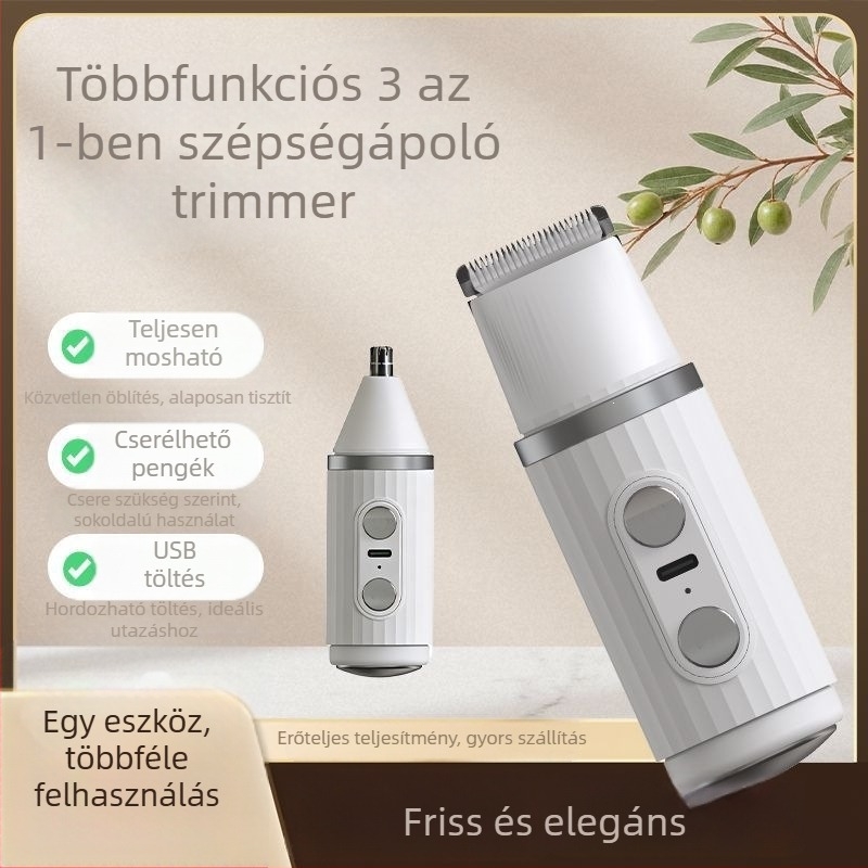 Elektronikus női szőrtelenítő és trimmel szemöldökhöz, orr-szőrökhöz és intim zónákhoz – többfunkciós testszőrszedő leválasztható pengefejjel, újratölthető, nedves és száraz használat