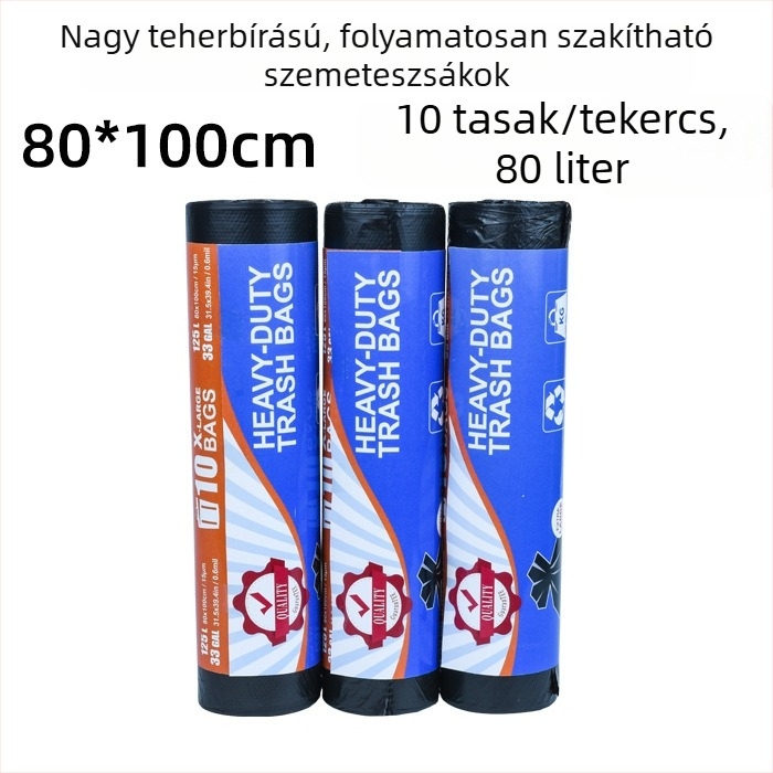 Nagy fekete, vastag, egyszer használatos szemeteszsák, perforált tekercs, 80x100 cm, HDPE
