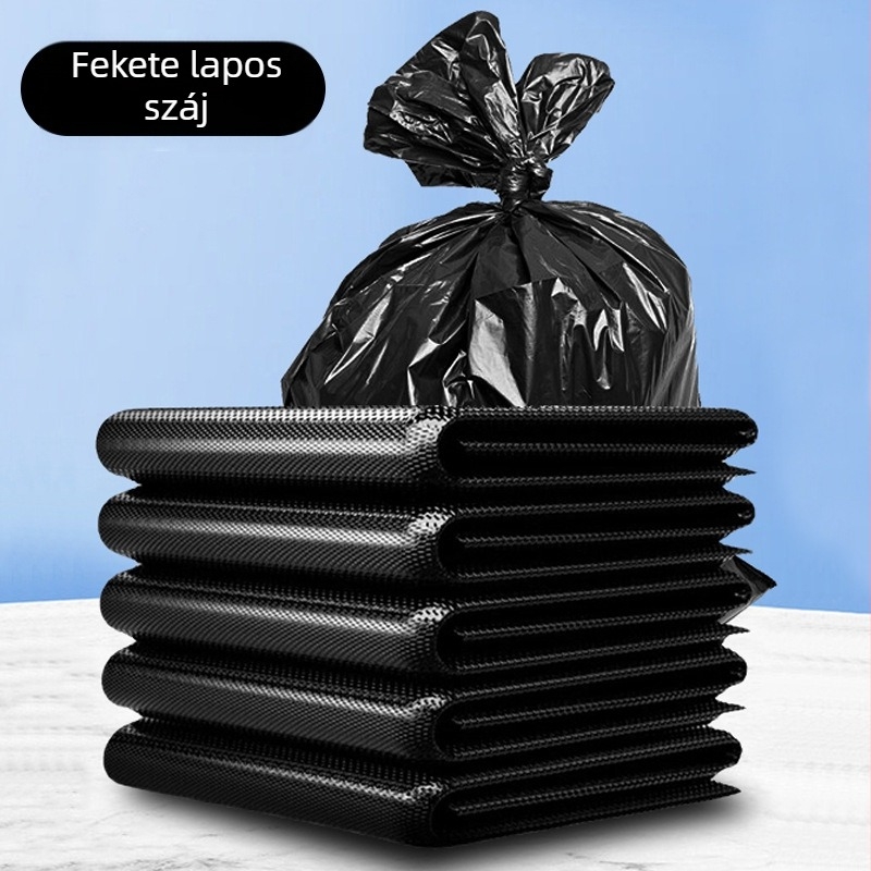 Nagy fekete vastagított hulladékzsákok lapos szájú kivitelben, kereskedelmi használatra, ingatlanüzemeltetéshez és környezetvédelmi célokra