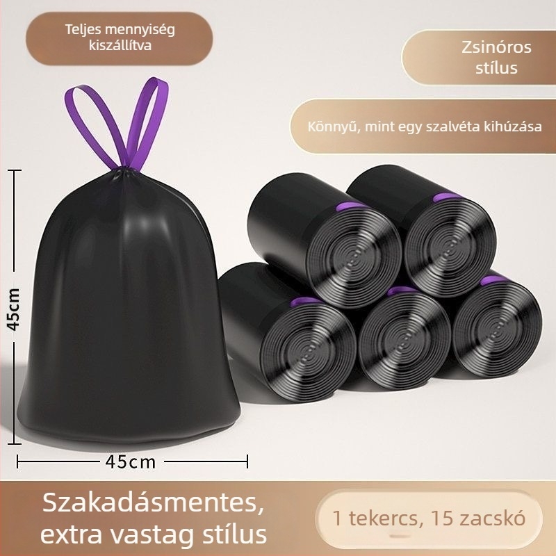 Szemeteszsákok húzókötéllel és akasztóval, vastagított és nagyobb méretben, fogantyúkkal, otthoni, kollégiumi és konyhai használatra