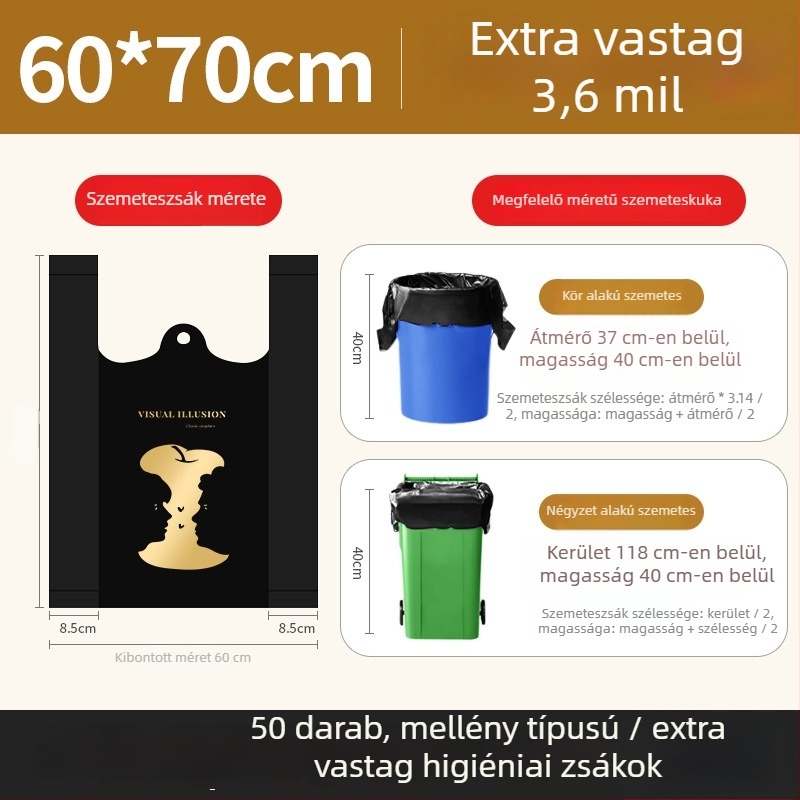 Konyhai mellény-stílusú szemeteszsákok, nagy méretű műanyag zacskók, extra vastag, egyszer használatos