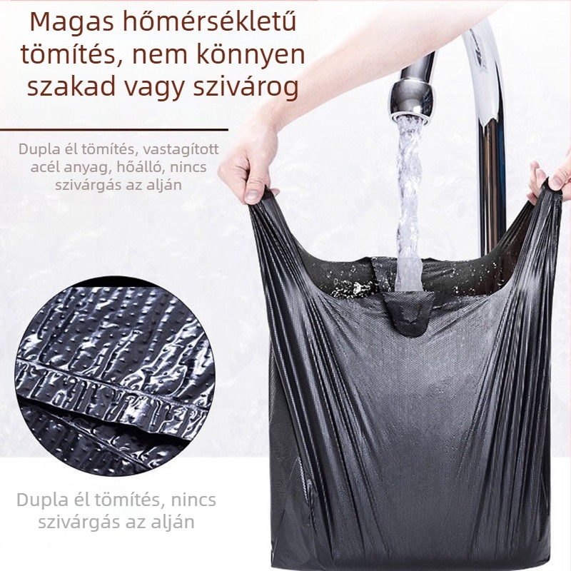 Vastag mellény-stílusú szemeteszsák, otthoni és konyhai használatra, kézzel hordozható műanyag zacskó, fekete, nagy méret