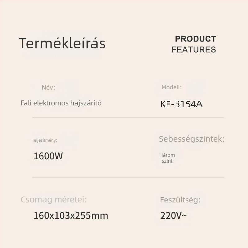 Koji KF-3154A 1600W falra szerelt hajszárító fürdőszobába, hőmérséklet-szabályozás és túlmelegedés elleni védelem