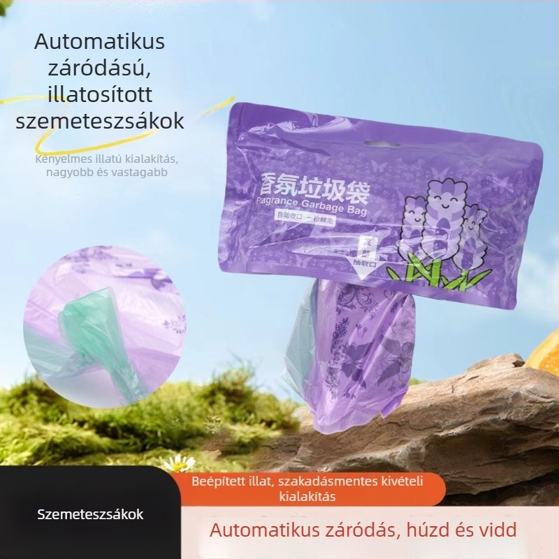 Levendulás illatú irodai szemeteszsákok, húzózsinóros zárás, nagy kapacitású, extra vastag, szakadásálló és tartós