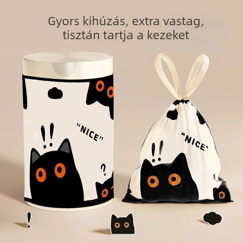 Fekete Macska vastag műanyag tasakok húzózsinórral, háztartási, kollégiumi és konyhai használatra, nagy méret