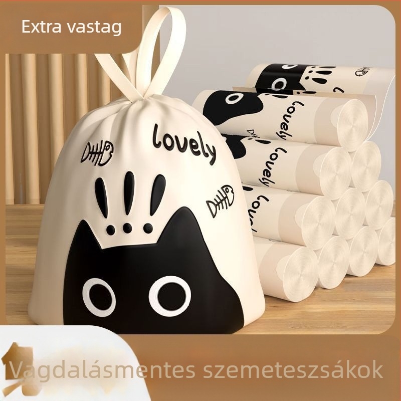 Fekete Macska vastag műanyag tasakok húzózsinórral, háztartási, kollégiumi és konyhai használatra, nagy méret