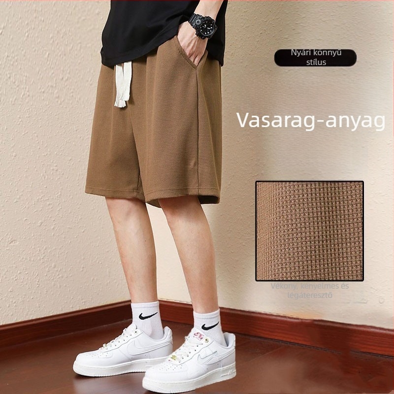 Férfi waffle szövésű rövidnadrág nyárra, laza viselet, légáteresztő, vékony, kosárlabda-stílus