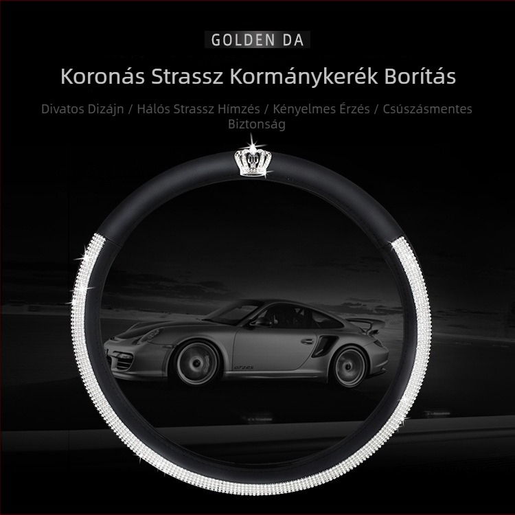 Koronás kormányvédő autóhoz strassz kövekkel, varrással, négy évszakos, univerzális illeszkedés, nőknek
