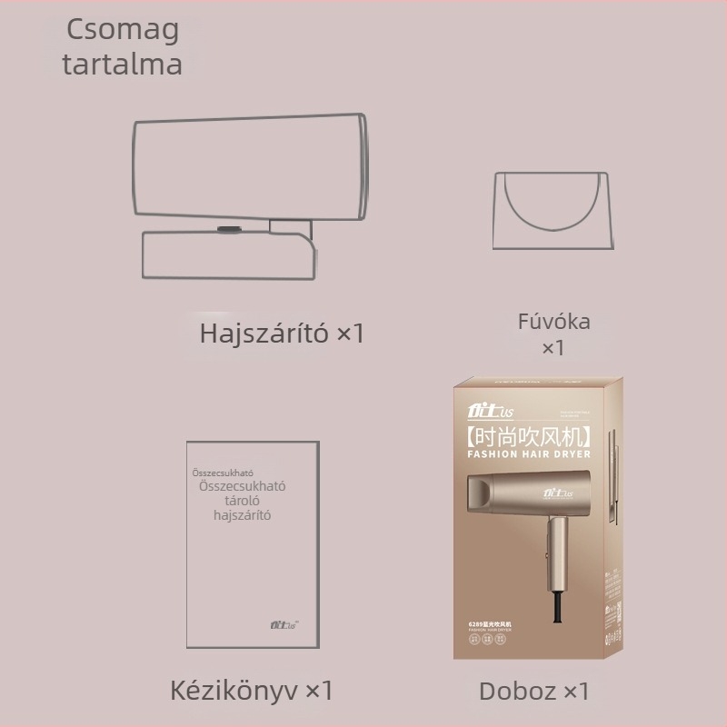 Youshi összecsukható hajszárító otthoni használatra, 1800W, hideg és meleg levegő, kék fény