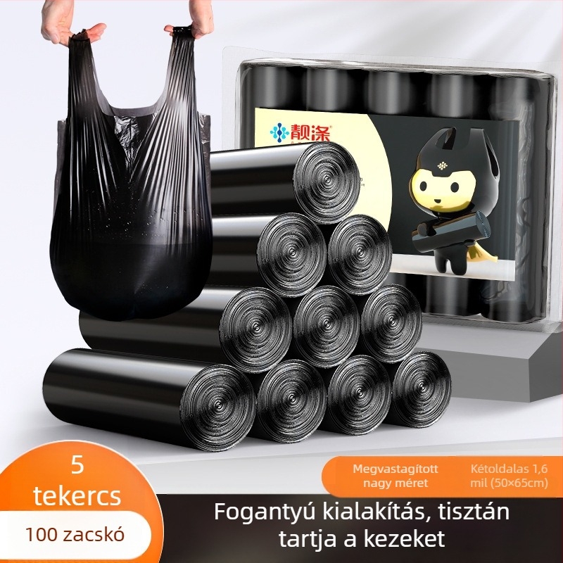 Nagy méretű fekete háztartási szemeteszsák – hordozható, vastag kivitel