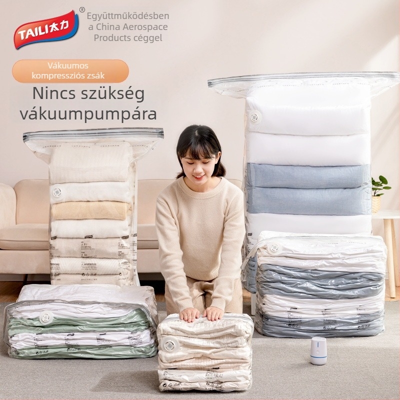 Vákuumos tömörítő tasakok ruhákhoz, paplanokhoz és ruházathoz; nagy, vastag, átlátszó tároló tasakok otthonra és utazáshoz.