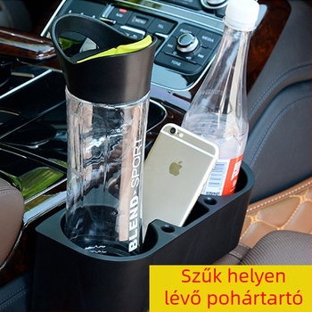 Autóülés közti részen elhelyezhető szervező, pohártartóval, hulladékgyűjtővel és tárolórekesszel