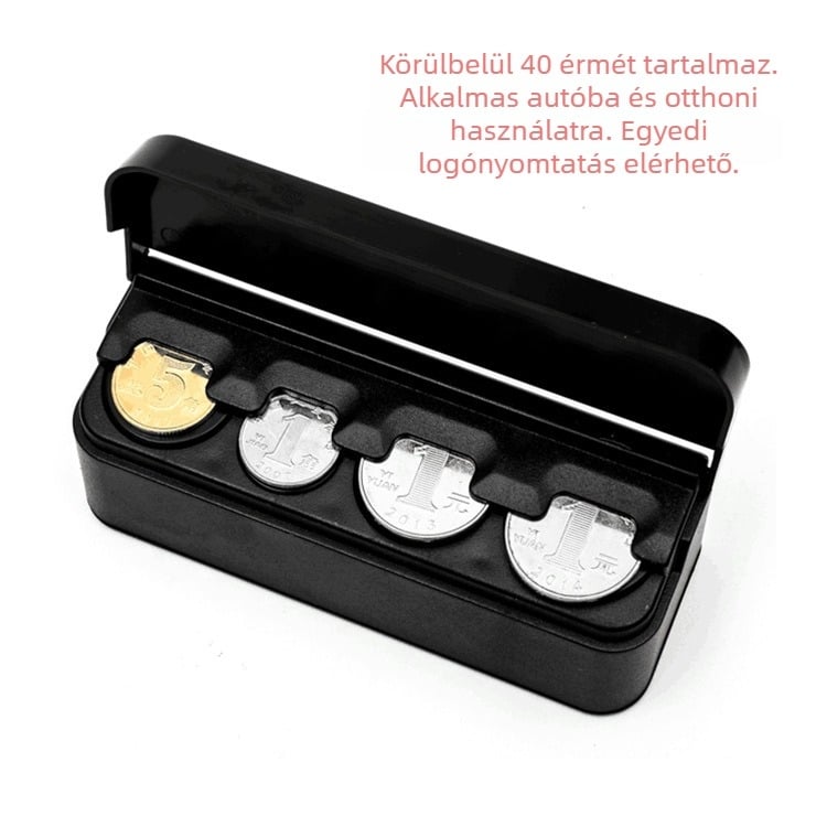 Autóhoz használható érmeztároló doboz – kompakt, hordozható középkonzolhoz (11.5 × 4 × 3.5 cm)