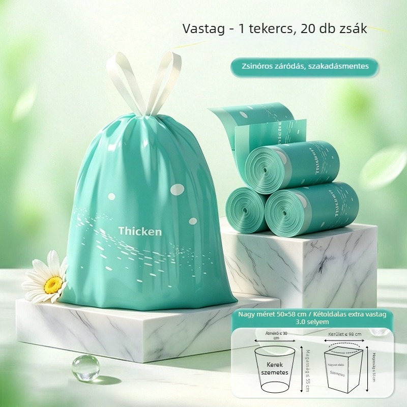 Fekete, vastagított konyhai szemeteszsákok, húzózsinóros, nagy méret