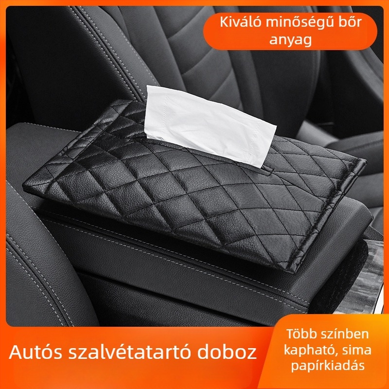 Bőr autós papírzsebkendő tartó – akasztós, minimalistikus belső tér kiegészítő, Istennő kiadás, méretek 26,5 × 19 × 1 cm