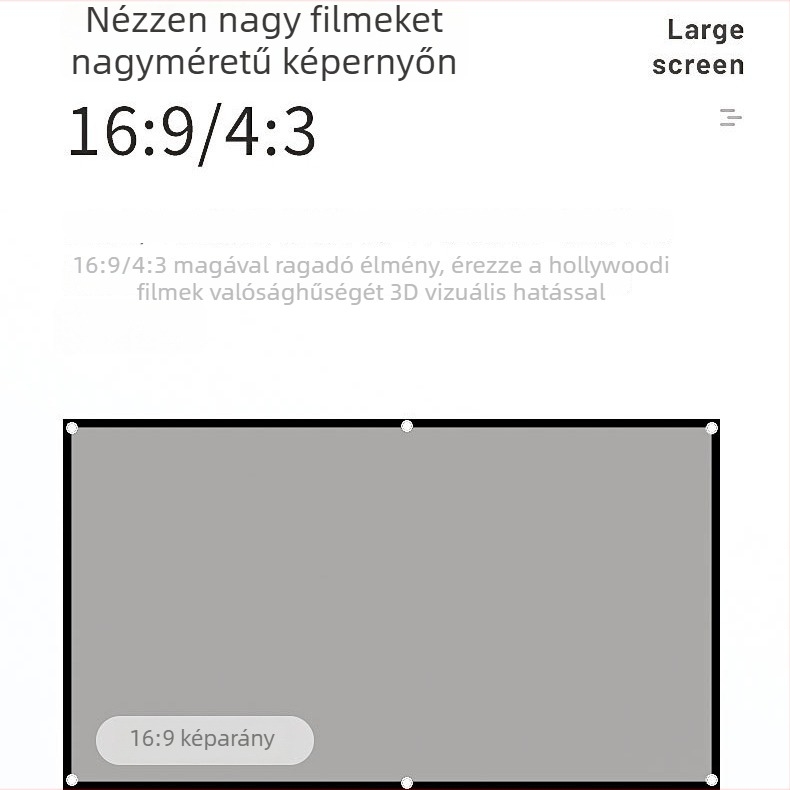 84 hüvelykes fém vetítővászon, anti‑reflexiós felülettel, fekete él és perforációval, hordozható kültéri és otthoni HD vetítéshez