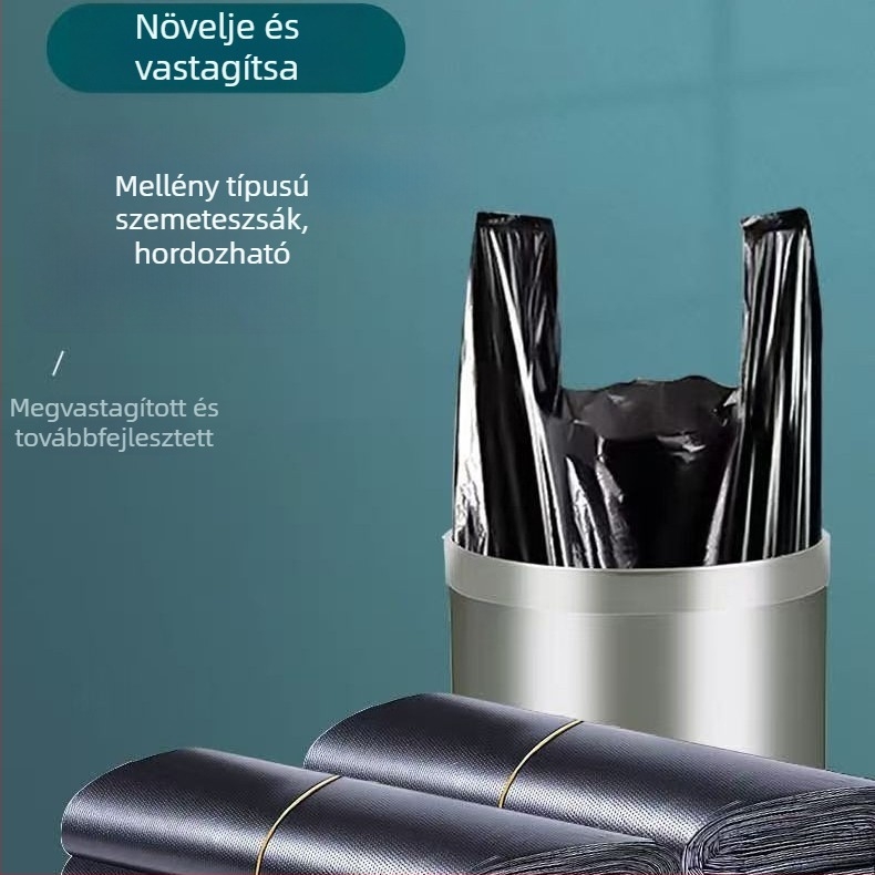 Fekete mellény-stílusú szemeteszsákok, vastagítottak, szivárgásbiztosak, tartósak, kollégiumokhoz és irodákhoz, egyszer használatos